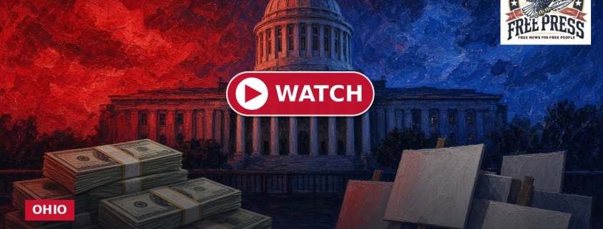 Fostoria News Musk's $7M behind Husted, Ohio Capitol background, money stacks, and newspaper.